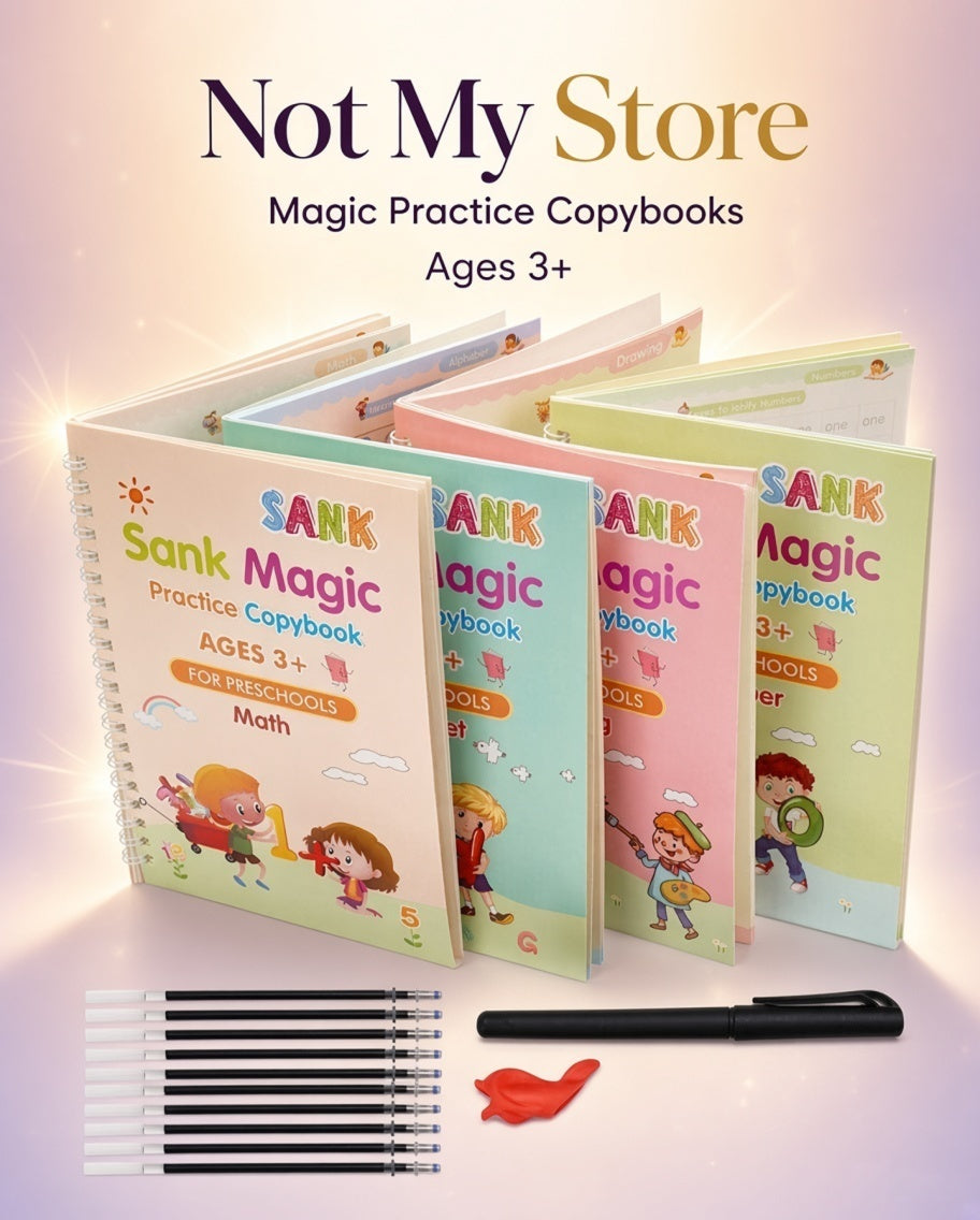 Not My Store™ 4-in-1 Reusable Magic Practice Copybook Set | Screen-Free Learning for Kids