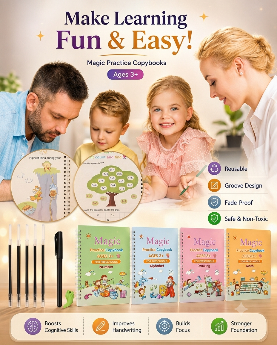 Not My Store™ 4-in-1 Reusable Magic Practice Copybook Set | Screen-Free Learning for Kids
