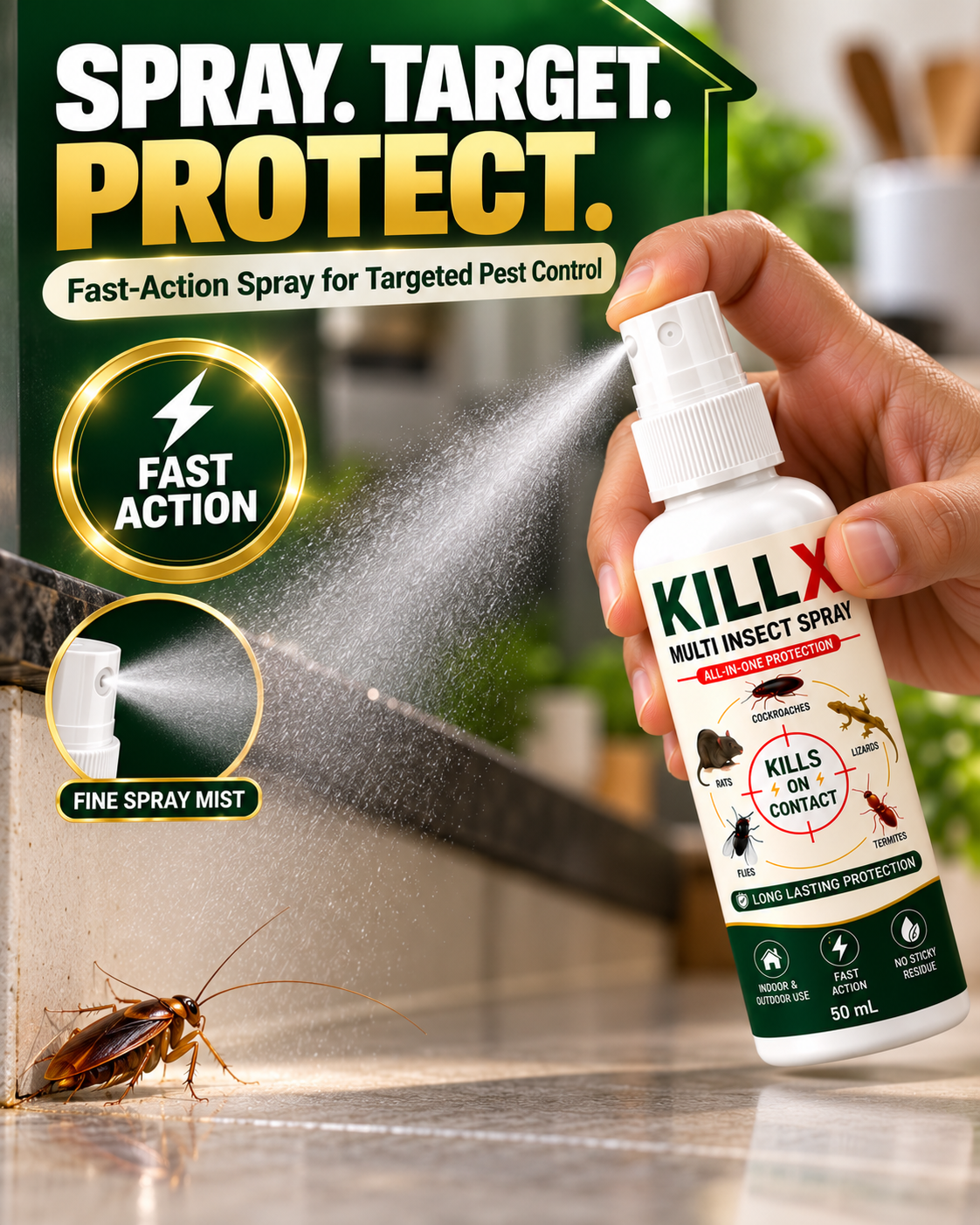 Not My Store™ KILLX Multi-Insect Spray 50ml | Fast-Action Household Pest Control Spray | Indoor & Outdoor Use